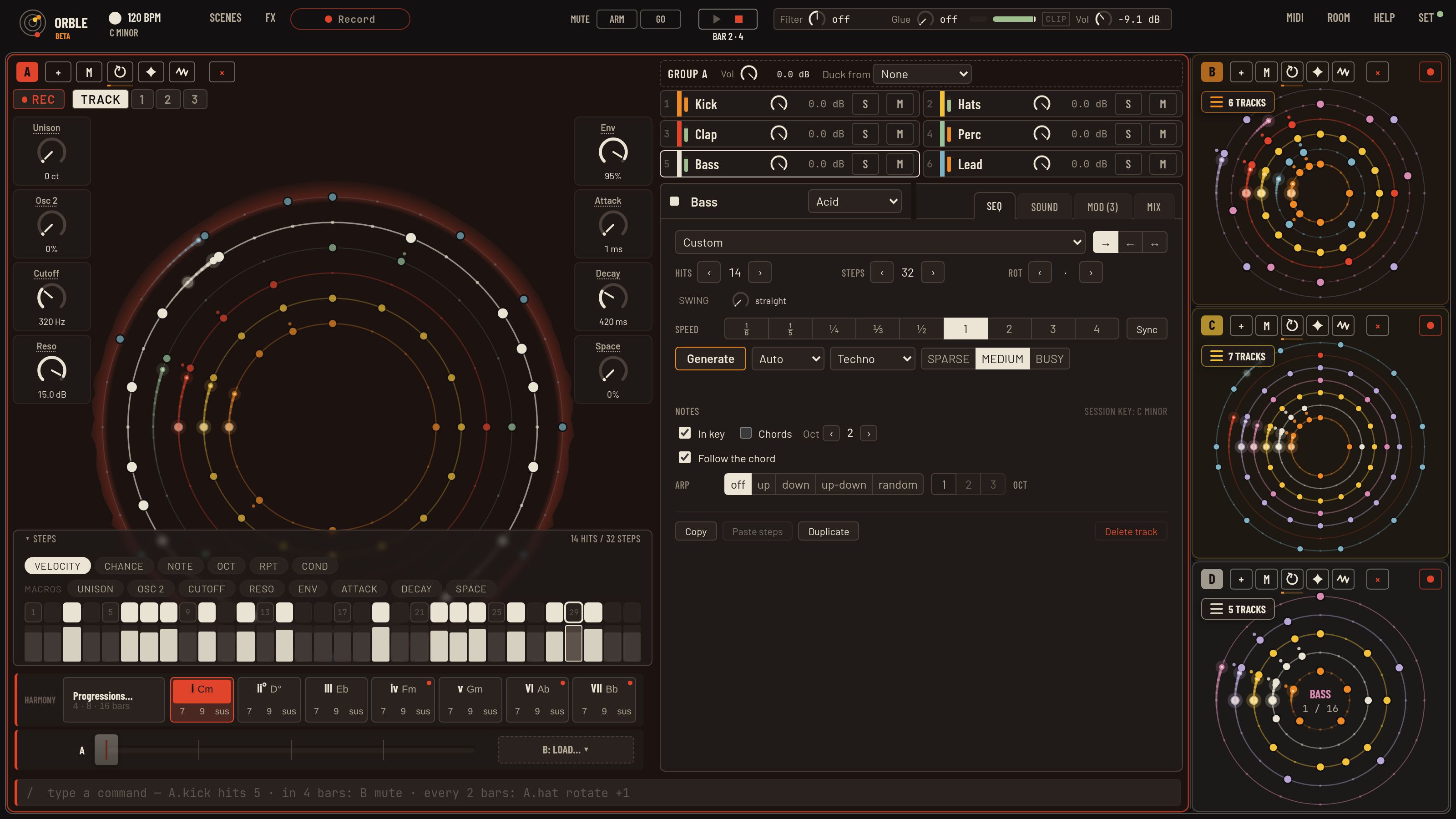 The whole Orble stage: the big group with its rings, macros and step lane on the left, the track editor in the middle, and three more groups on the right